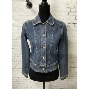 Gap Jean Girl Sz 16 Blue Jacket Short Fitted Distressed Stretch Embroidered E1